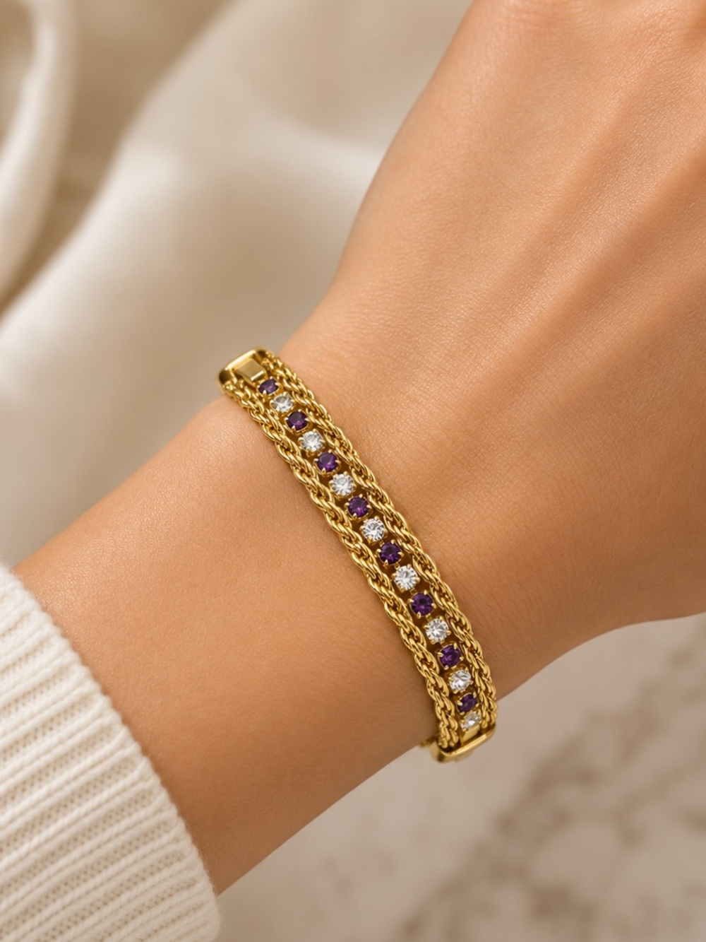 Vintage Triple Strand Gold Tone Purple Clear Rhinestone Crystal Bracelet